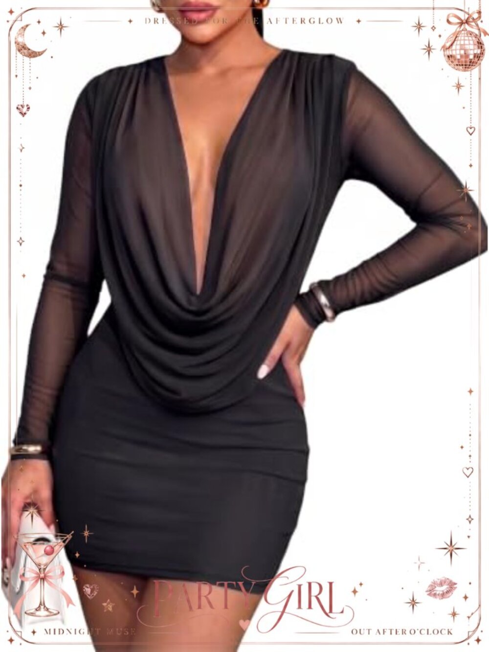 Cowl Neck Backless Bodycon Mini Party Dress Long Sleeve Mesh Club Cocktail